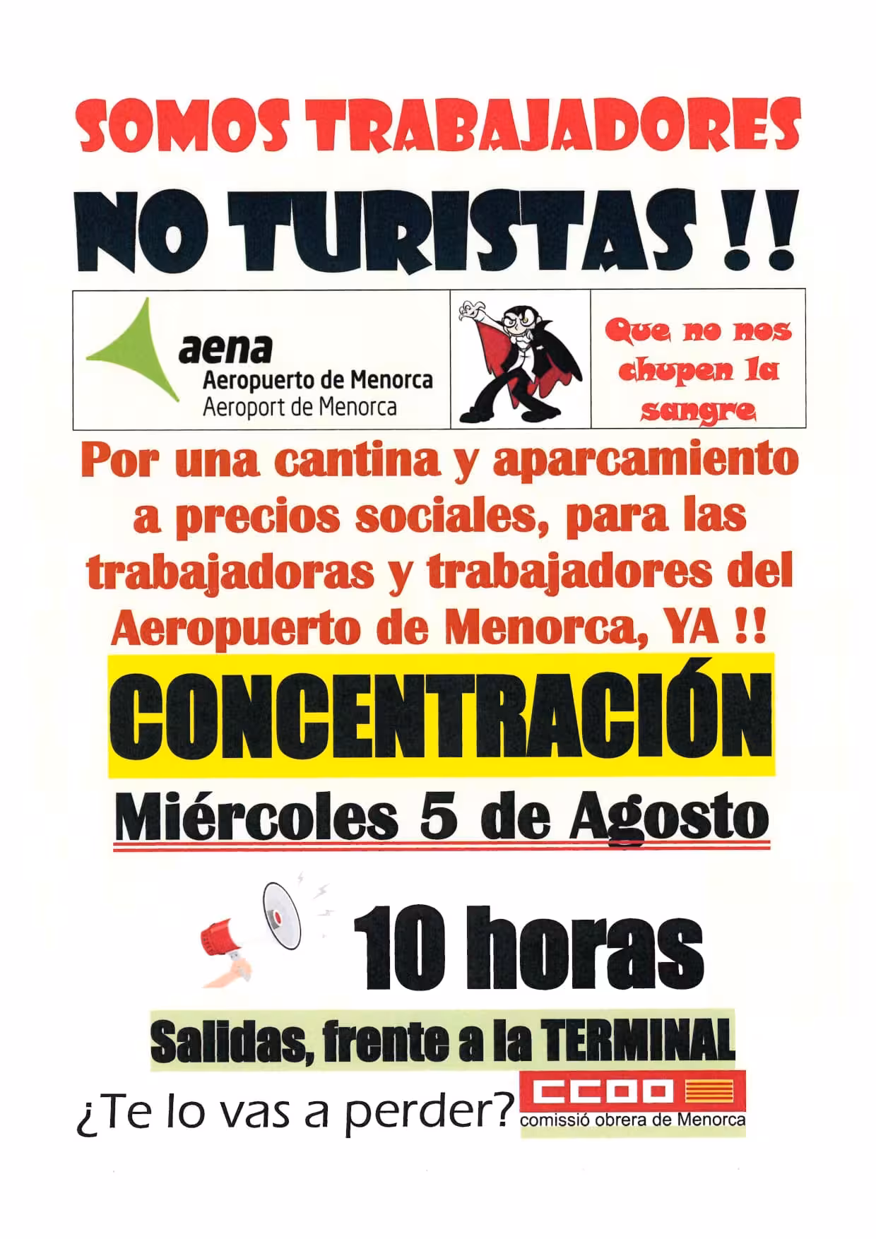 Los trabajadores del Aeropuerto de Menorca se movilizan para exigir un aparcamiento justo y la vuelta de la cantina